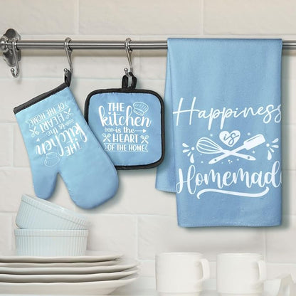 Sratte 6 Pcs Kitchen Decor Accessories Set Farmhouse Towels Pot Holders Oven Mitts Set 2 Dish Towels 2 Potholders 2 Cooking Mittens Oven Glove for Christmas Baking Cooking Supply(Light Blue,Kitchen) - Image 2