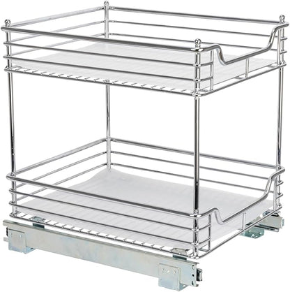Household Essentials Glidez Chrome-Plated Steel Pull-Out/Slide-Out Storage Organizer with Plastic Liners for Under Cabinet Use - 2-Tier Design - Fits Standard Size Cabinet or Shelf, Chrome