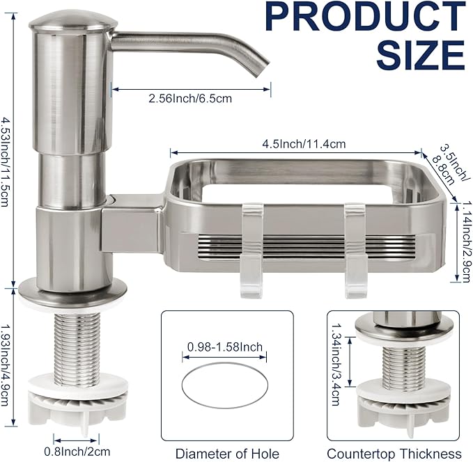 Soap Dispenser for Kitchen Sink, Built in Sink Soap Dispenser Pump with Sponge Holder, Brushed Nickel ABS Sink Dish Soap Dispensers Under Counter, with 39" Extension Tube Kit,No Refill Needed