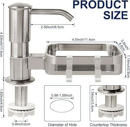 Soap Dispenser for Kitchen Sink, Built in Sink Soap Dispenser Pump with Sponge Holder, Brushed Nickel ABS Sink Dish Soap Dispensers Under Counter, with 39" Extension Tube Kit,No Refill Needed
