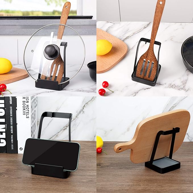 NiHome Versatile Pot Lid Ladle Holder Multipurpose Spatula Pad Book Cutting Board Spoon Rest Kitchen Utensils Drip Tray Washable Durable Stable Tack-Free Installation (Black) - Image 4
