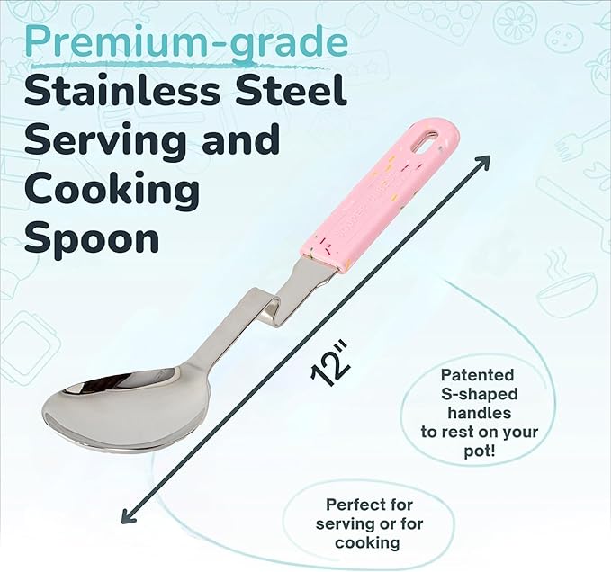 Souper Cubes + Lori Greiner No Mess Stainless Steel Cooking Spoon with Silicone Handle - Stainless Steel Serving Spoon No Mess Design Hooks on Side of Any Pot - Cotton Candy - Image 2