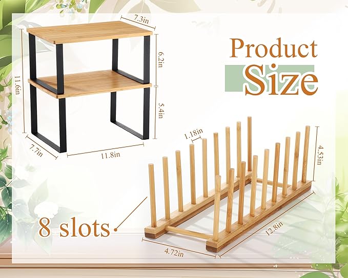 Marsui 4 Pcs Kitchen Organizer Accessories Set Cabinet Organizer Shelf and Bamboo Dish Drying Plate Rack Counter Shelves Storage Holder for Spice Rack, Dish, Pot Lid, Bowl, Cup(Light Color) - Image 2