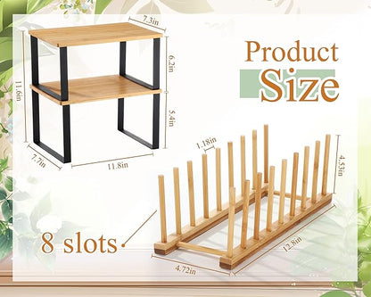 Marsui 4 Pcs Kitchen Organizer Accessories Set Cabinet Organizer Shelf and Bamboo Dish Drying Plate Rack Counter Shelves Storage Holder for Spice Rack, Dish, Pot Lid, Bowl, Cup(Light Color) - Image 2