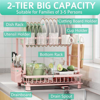 Multifunctional Dish Drying Rack - Rustproof, 2-Tier Dish Racks with Drainboard, Space-Saving Design, Utensil & Cup Holder for Kitchen Counter, Pink - Image 2