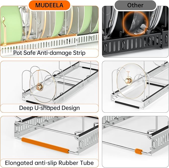 MUDEELA Pots and Pans Organizer Rack for under Cabinet, Expandable Pot Lid Kitchen Cabinet Organizer Holder with 10 Adjustable Compartment Cutting Board Organizer for Pan Lid Cookie Sheet Rack, Silver - Image 4