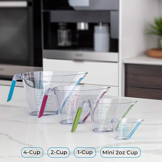 KPKitchen 4-Piece Angled Liquid Measuring Cups Plastic Set - BPA-Free Mini Oz, 1, 2 and 4 Plastic Measuring Cup Sizes - Measuring Cups For Liquids with ML & Cups Measures - Small & Large Measure Cup - Image 4