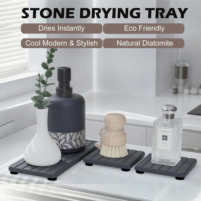 3PCS Stone Drying Tray, Stone Soap Tray, Water Absorbing Stones Trays for Sink, Fast Dry Diatomite Stones Sink Mat, Used for Hand Soap,Sponge,Toothbrush Holder in Bathroom Counter and Kitchen Sinks - Image 5