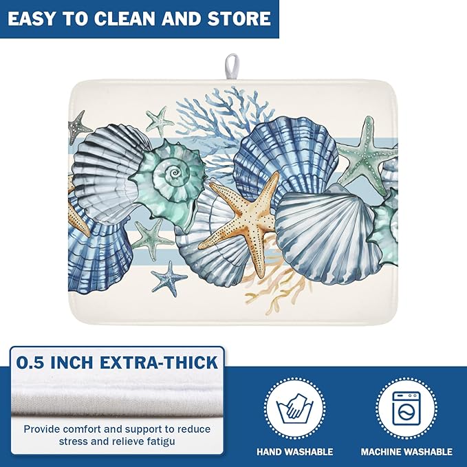 Summer Sea Shell Drying Mat 24x18 Inch, Starfish Drying Mat with Absorbent Reversible Microfiber, Coastal Dish Drainer Mats Holiday Ocean Rack Pad for Coffee Countertop Kitchen Protector