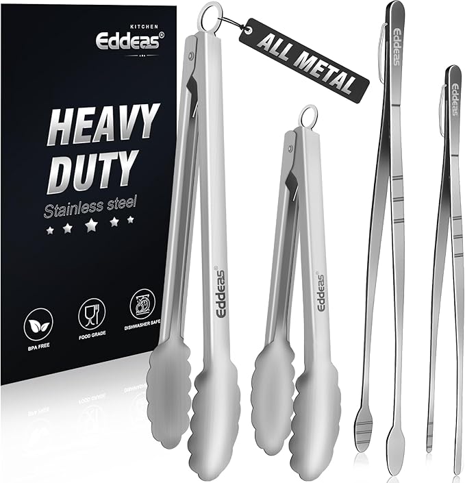 Eddeas Tongs For Cooking - Heat Resistant 600 Degrees, All Metal Kitchen Tweezers Tongs, Heavy Duty Stainless Steel Cooking for Food, Grill, BBQ, Dishwasher safe Set of 4 (12" & 9in) by Eddeas