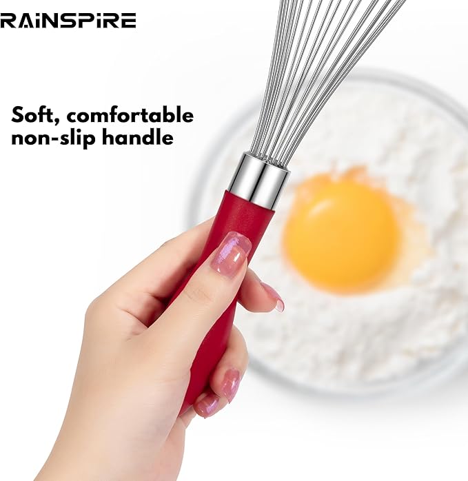Rainspire 12-Inch Wire Whisk Stainless Steel, Balloon Whisks for Cooking, Wisk Wisking Tool With Soft Silicone Handle, Thick Durable Whisker for Blending, Beating, Whisking, Stirring, Red - Image 4