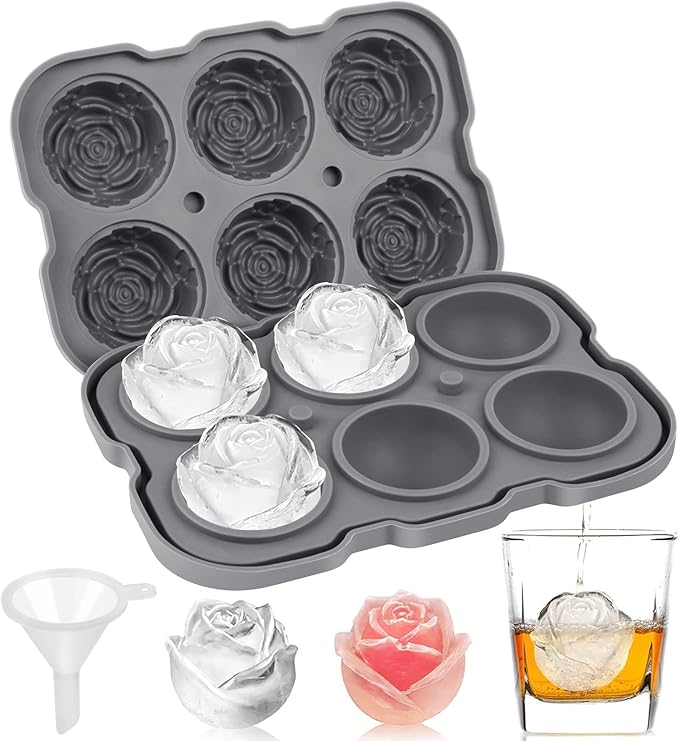 Ice Cube Tray, Mikiwon 2 inch Rose Ice Cube Trays With Covers, 6 Cavity Silicone Rose Ice Ball Maker, Easy Release Large Ice Cube Form for Chilled Cocktails, Whiskey, Bourbon & Homemade Juice by Mikiwon