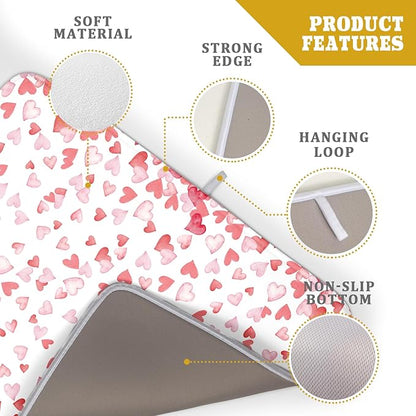 Valentine’s Day Dish Drying Mat for Kitchen Counter 24x18 Inch Watercolor Love Drying Mat with Absorbent Reversible Microfiber Pink Dish Drainer Mats Rack Pad for Coffee Countertop Protector