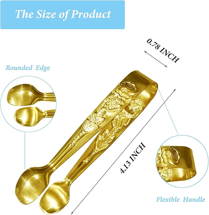 6PCS Mini Serving Tongs, 4Inch Rose Stainless Steel Sugar Cube Tong, Sliver Small Ice Tongs for Tea and Coffee Party, Appetizers, Desserts by Sunenlyst (6PCS Gold) - Image 2