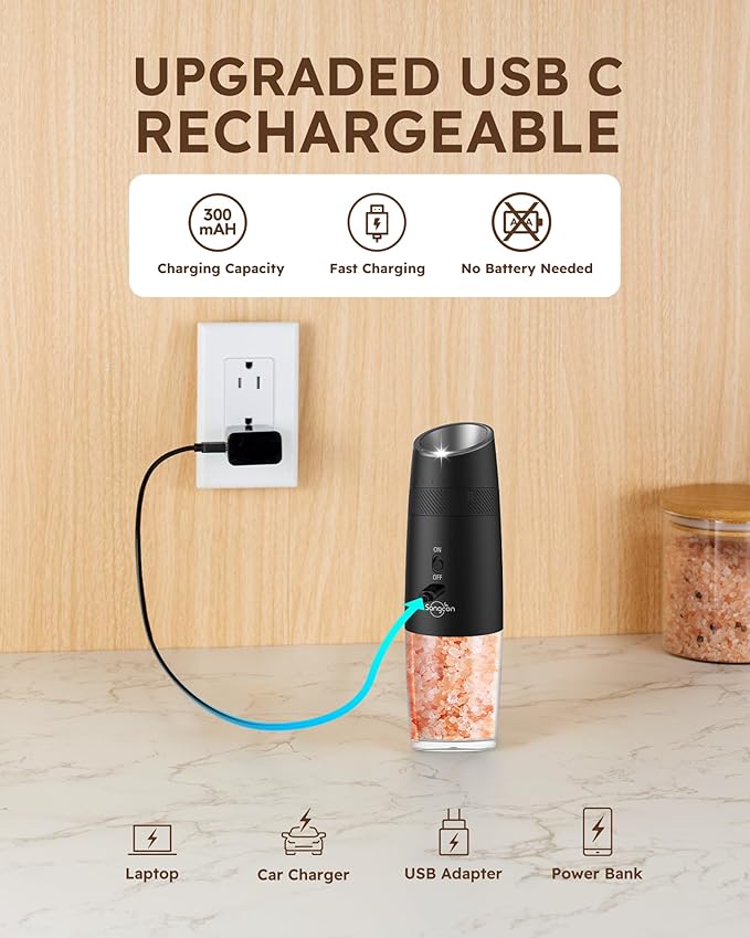 Sangcon Gravity Electric Salt and Pepper Grinder Set RECHARGEABLE Automatic Salt Pepper Shakers USB-C No Battery Needed - LED Light One Hand Operation, External Adjustable Coarseness Pepper Mill - Image 4