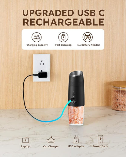 Sangcon Gravity Electric Salt and Pepper Grinder Set RECHARGEABLE Automatic Salt Pepper Shakers USB-C No Battery Needed - LED Light One Hand Operation, External Adjustable Coarseness Pepper Mill - Image 4