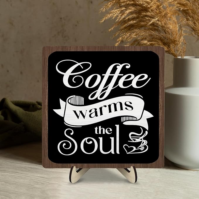 Coffee Bar Sign Plaque, Vintage Café Decor for Kitchen, Rustic Farmhouse Cafe Accessories, Themed Wall Sign for Home - Coffee Warms the Soul - Gift Idea (Black&Brown4, 5.9x5.9inches) - Image 5