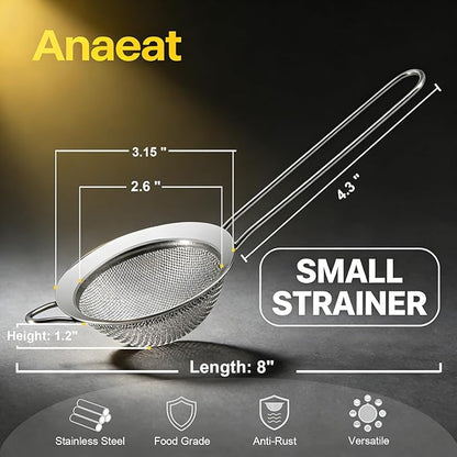 Anaeat Fine Mesh Strainers - Premium Stainless Steel Colander Sieve Sifters, with Durable Mesh and Sturdy Handle, Excellent for Sifting Dry ingredients, Flour, Pastas, Rice, Tea (3.15"）