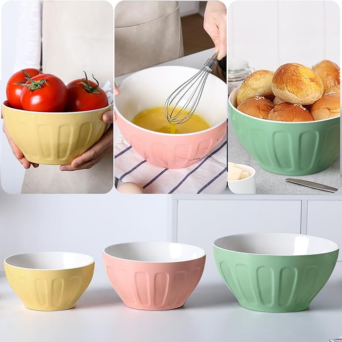 Lareina Ceramic Mixing Bowls Set of 3, Large Nesting Bowls for Serving/Baking/Prepping, Mother's Day & Housewarming/Wedding Gift, Oven/Microwave/Dishwasher Safe 3.2/1.7/1.2 Qt, Pastel Color - Image 3