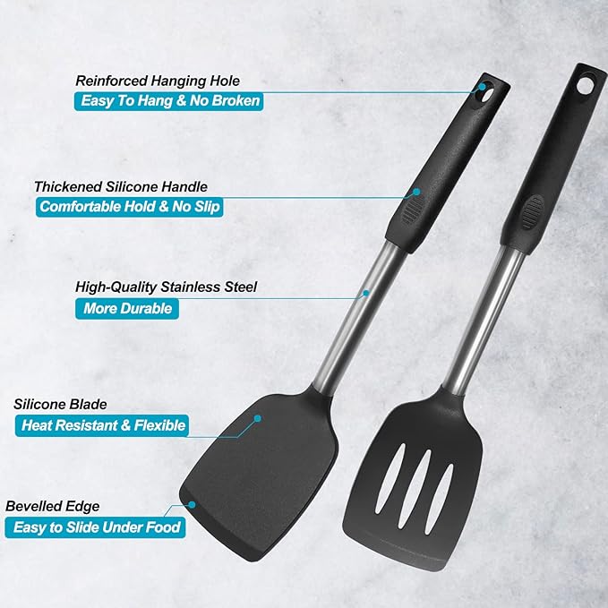 2 Pack Spatulas, Solid & Slotted Silicone Spatula Set, Stainless Steel Handle Coated with Silicone, Non Stick Turners, Heat Resistant Rubber Spatulas for Fish, Eggs, Pancakes, WOK, Black - Image 3