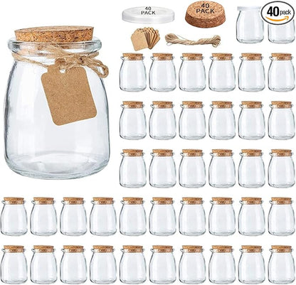 Brajttt Glass Mini Yogurt Jars 40 Pack, 7 oz Favor Jars With Cork Lids, Pudding Containers, Mason Wedding Favors Honey Pot With Label Tags and String by Brajttt