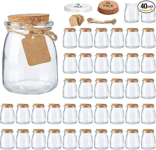 Brajttt Glass Mini Yogurt Jars 40 Pack, 7 oz Favor Jars With Cork Lids, Pudding Containers, Mason Wedding Favors Honey Pot With Label Tags and String by Brajttt