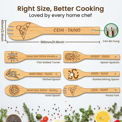 CUTHOLLOW 6PCS Taino Element Wooden Kitchen Cooking Utensil Set, 11.9in Non Toxic Bamboo Wood Spoon Set for Cooking, Best Housewarming Birthday Thanksgiving Christmas Gift for Women Mother