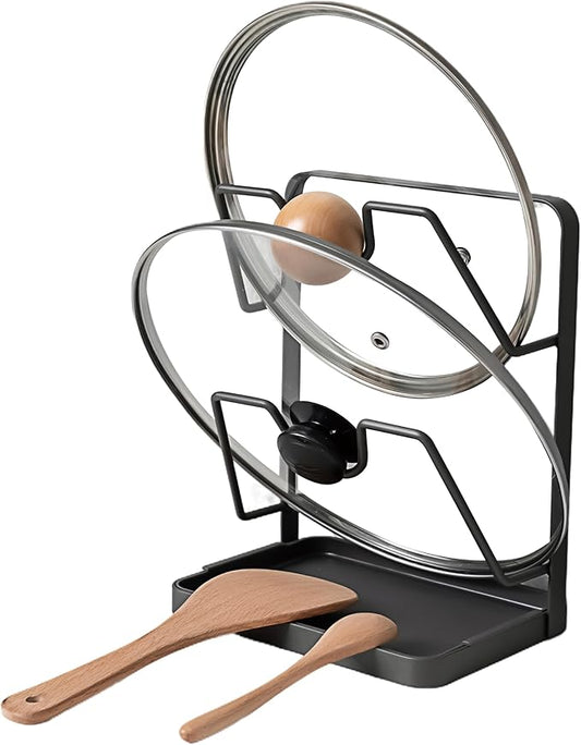Pot Lid Holder While Cooking, Kitchen Pot Lid Storage Rack for stove top, Multifunctional Kitchen Pot Lid Organizer for Countertop (Iron,Dark Grey) by Unknown