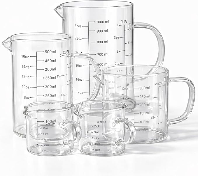 77L 5 Pack Glass Measuring Cup Set, [Insulated handle, V-Shaped Spout], High Borosilicate Liquid Glass Measure Cup for Kitchen, Easy To Read, Dishwasher, Freezer, and Microwave Safe by 77L