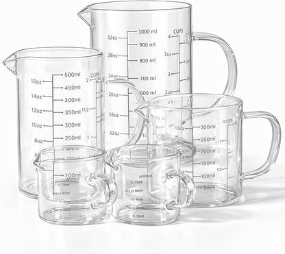 77L 5 Pack Glass Measuring Cup Set, [Insulated handle, V-Shaped Spout], High Borosilicate Liquid Glass Measure Cup for Kitchen, Easy To Read, Dishwasher, Freezer, and Microwave Safe by 77L