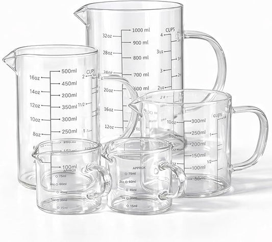 77L 5 Pack Glass Measuring Cup Set, [Insulated handle, V-Shaped Spout], High Borosilicate Liquid Glass Measure Cup for Kitchen, Easy To Read, Dishwasher, Freezer, and Microwave Safe by 77L