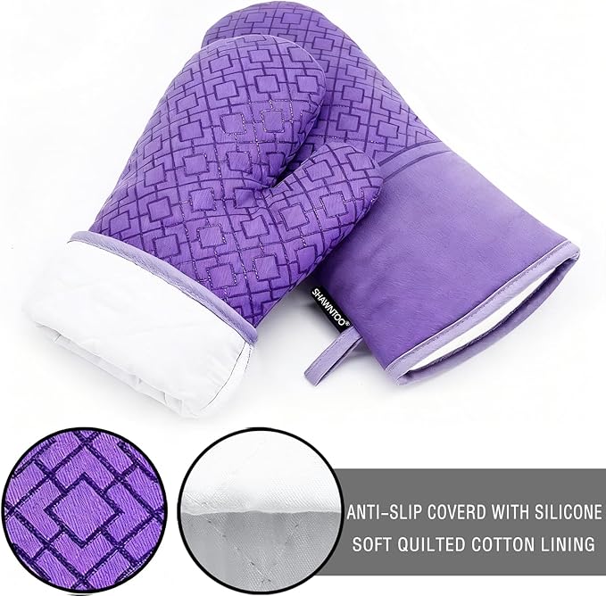 Oven Mitts and Pot Holders Sets 6pcs, Kitchen Oven Glove,High Heat Resistant 550 Degree Extra Long Oven Mitts and Potholders with Non-Slip Silicone Surface for Home Essentials (Grey) (Purple) - Image 3