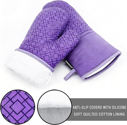 Oven Mitts and Pot Holders Sets 6pcs, Kitchen Oven Glove,High Heat Resistant 550 Degree Extra Long Oven Mitts and Potholders with Non-Slip Silicone Surface for Home Essentials (Grey) (Purple) - Image 3