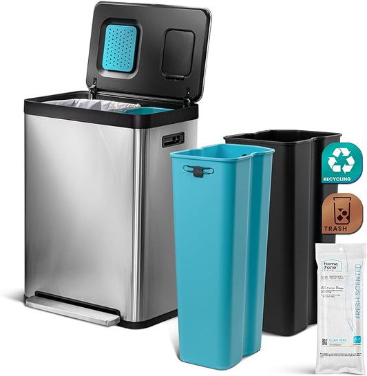Home Zone Living 19 Gallon Kitchen Trash Can with Dual Compartments for Recycling, CleanAura Odor Control, Stainless Steel, Silver, 70 Liters Total