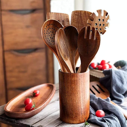 Teak Wooden Kitchen Utensil Set - 7Pcs Wooden Cooking Utensils Including Spatula - Image 3