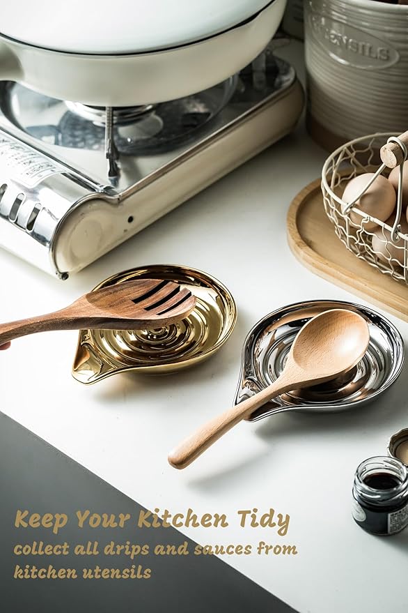 LAUCHUH Spoon Rest for Stove Top, Ceramic Spoon Holder for Kitchen Countertop Large Cooking Utensil Rest for Mother's Day, Spatula, Spoons, Tong, Ladle, Fork, Heat-Resistant, 5 inch, Gold