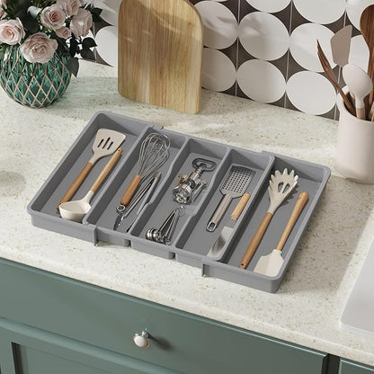 Lifewit Utensil Organizer for Kitchen Drawers, Expandable Cooking Utensil Tray, Adjustable Cutlery Silverware Flatware Holder, Plastic Spatula Tools Storage Divider, 13-22 x 15", Gray - Image 8