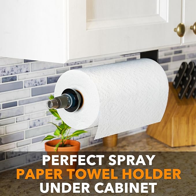 SpaceAid SprayNeat Paper Towel Holder with Spray Bottle, Under Cabinet Paper Towels Holders with Sprayer Inside Center, Hanging Wall Mount Papertowels Roller for Kitchen (Black Spray, Black)
