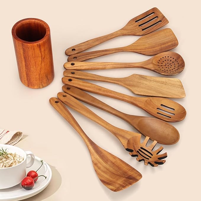 9 Pcs Wooden Spoons for Cooking Utensils with Utensil Holder Teak Wood Kitchen Utensils Set Flat Wooden Spatula Cooking Mixing Spoons Spaghetti Spoon Slotted Turner Scraper Spatula Large Utensils - Image 8
