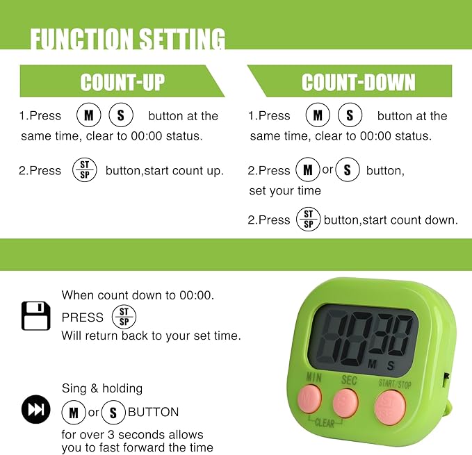6 Pack Multi-Function Electronic Timer, Colorful Kitchen Timers Digital Magnetic, Countdown Timer, Big LCD Display Loud Alarm Kitchen Timers for Cooking, Bathing, Gym, Meeting, Classroom - Image 6