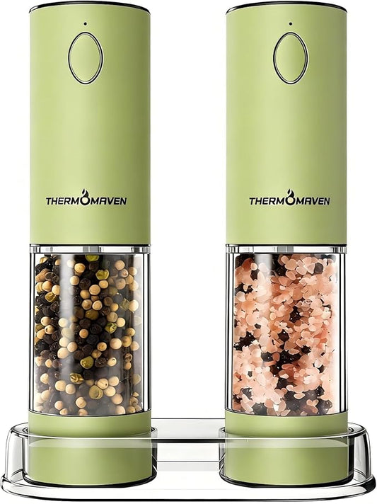 ThermoMaven Electric Salt and Pepper Grinder Set, 110ml Larger Rechargeable Automatic Salt and Pepper Mill Grinder with 6 Adjustable Coarseness, Electric Salt and Pepper Shakers, LED, Pistachio by ThermoMaven