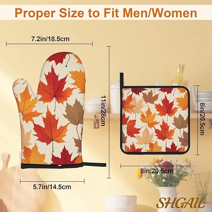 Oven Mitts and Hot Pads Set - Autumn Maple Design, Heat Resistant Cute Pot Holders for Kitchen, Baking Gifts for Women