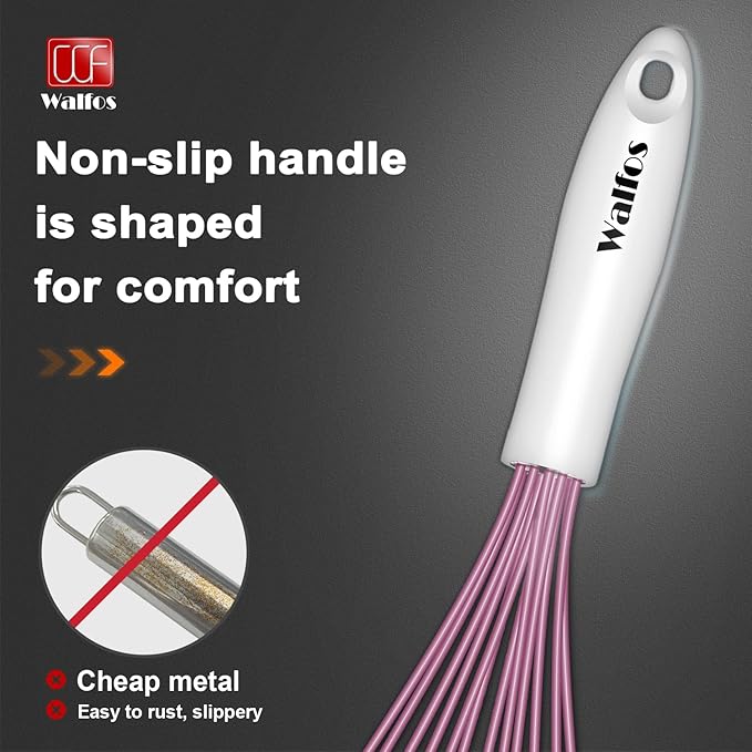 Walfos Whisk, Silicone Whisks for Cooking & Baking Non Scratch Rubber Coated Pink Whisk for Non-stick Wisk, Perfect for Frothing, Blending, Beating and Whisking (3pack Pink) - Image 5