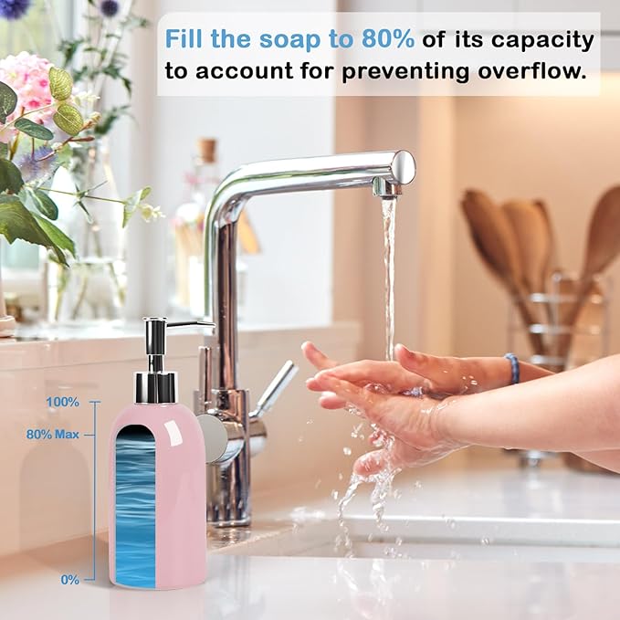 Natheeph 14OZ Ceramic Soap Dispenser Ceramic Soap Pump Dispenser Can Fill Liquid for Bathroom/Kitchen (2PC Pink) - Image 3