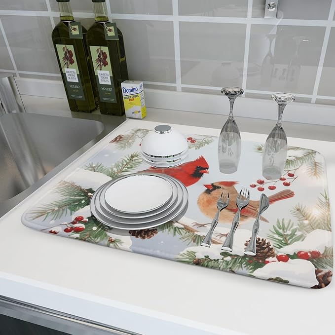 Winter Cardinal Bird Dish Drying Mat for Kitchen Counter 18x24 Christmas Snow Scene Theme Seasonal Absorbent Reversible Microfiber Drying Mats Kitchen Countertop Protector Dishes Drainer Pad - Image 6