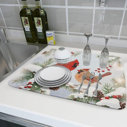 Winter Cardinal Bird Dish Drying Mat for Kitchen Counter 18x24 Christmas Snow Scene Theme Seasonal Absorbent Reversible Microfiber Drying Mats Kitchen Countertop Protector Dishes Drainer Pad - Image 6