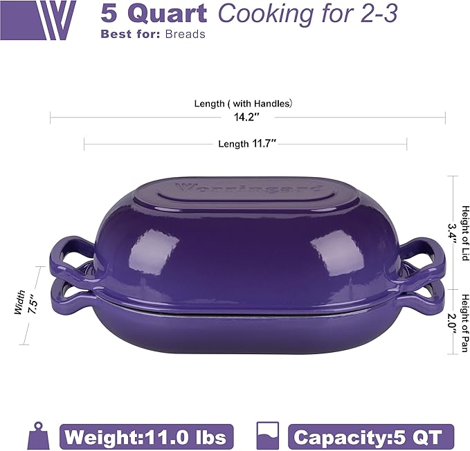 VORRINGARD Enameled Cast Iron Sourdough Bread Oven, Dutch Oven, Loaf Cast Iron Bread Pan for Homemade Bread Baking, Meatloaf Pan with Lid, 5QT, Purple - Image 2