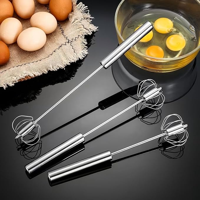 3 Pack Stainless Steel Egg Whisk, Hand Push Rotary Whisk Blender, Versatile Easy Whisk, Hand Push Mixer Stirrer for Beating Eggs, Frothing Milk, Blending, Mixing, Whipping Smoothies & Shakes - Image 2