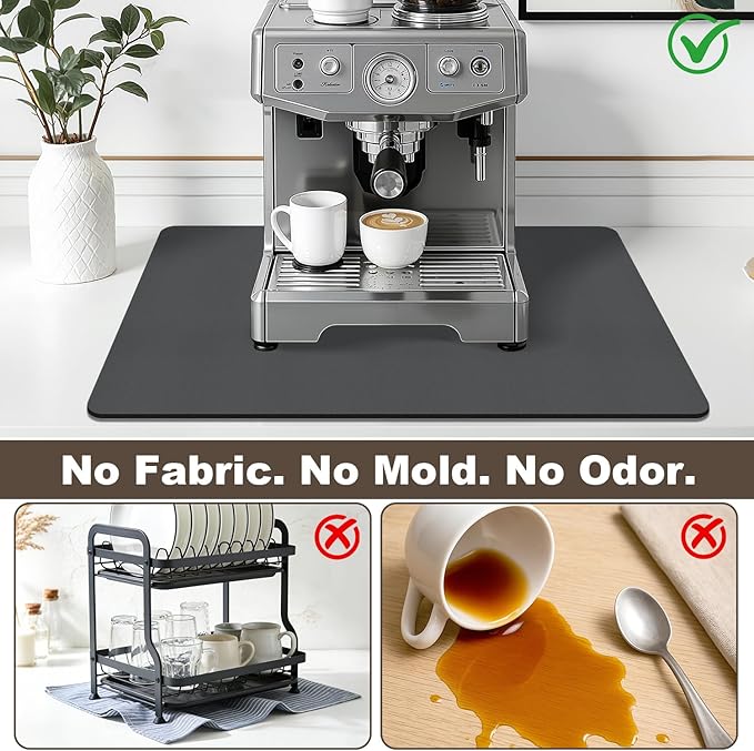 Coffee Mat,Absorbent Dish Drying Mat for Kitchen Counter,Coffee Bar Mat,Non-Slip Rubber Backed,Hide Stains & Quick Dry,for Espresso Machine,Coffee Station,Cups & Sink,16" x 24"(Dark Grey)