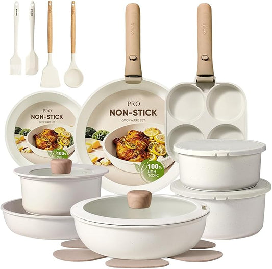 CAROTE Pots and Pans Set Non Stick, Cookware Sets, Kitchen Set, Oven/Dishwasher/Fridge Safe, Space Saving Pots Set, Nonstick Set with Versatile Detachable Handle, Induction RV Set, Cream by CAROTE